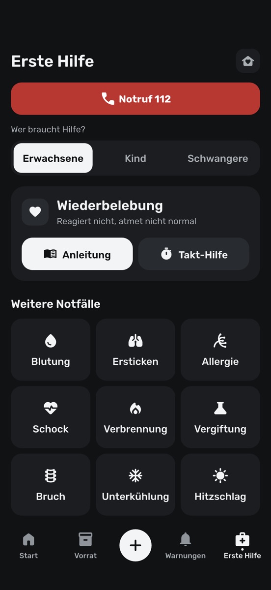 Bildschirm „Erste Hilfe“ der App: oben der Knopf „Notruf 112“, darunter die Auswahl Erwachsene, Kind oder Schwangere, die Wiederbelebung mit Anleitung und Takt-Hilfe und weitere Notfälle
