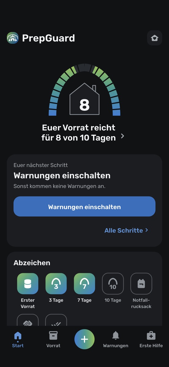 Startbildschirm der App: oben der Bogen mit den Tagen, die dein Vorrat reicht, darunter dein nächster Schritt